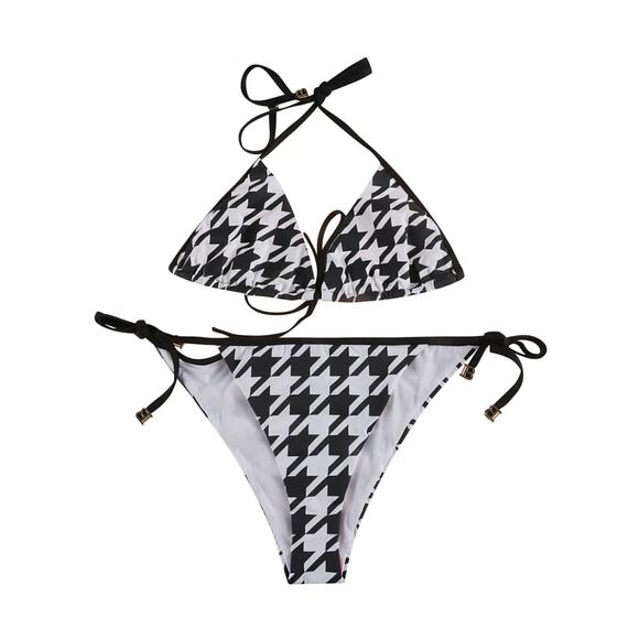 NWT BALMAIN Pied De Poule Pigment Print Black White Triangle Bikini 42 10 - Picture 1 of 8